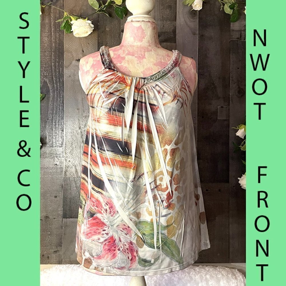 3 TOPS $25 NWOT STYLE & COMPANY PETITE MEDIUM MULTI PASTEL FLOWER DESIGN BLOUSE